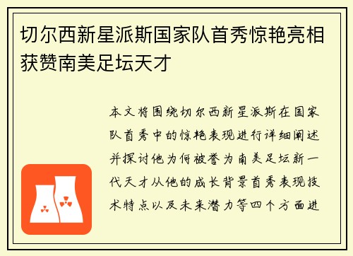 切尔西新星派斯国家队首秀惊艳亮相获赞南美足坛天才